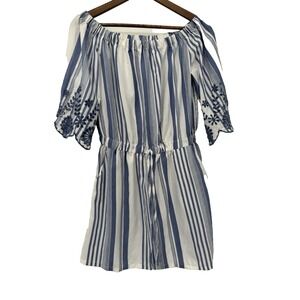 Style House Dress L White Blue Stripe Floral Embroidered Boat Neck‎ tie waist